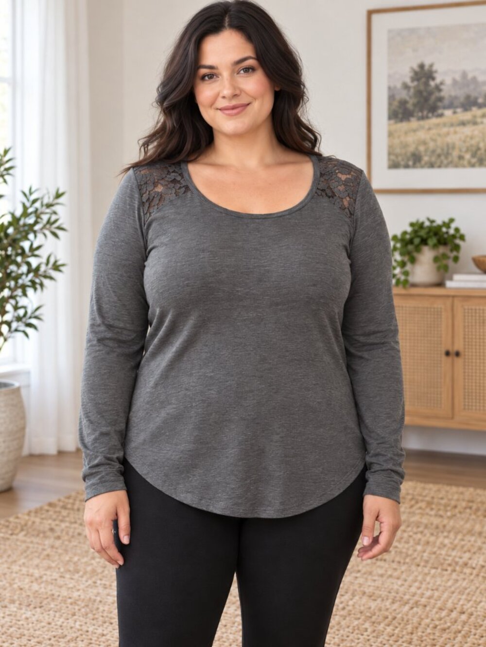 Maurices Gray Lace Shoulder Long Sleeve Top XL Keyhole Back Soft Stretch Tee